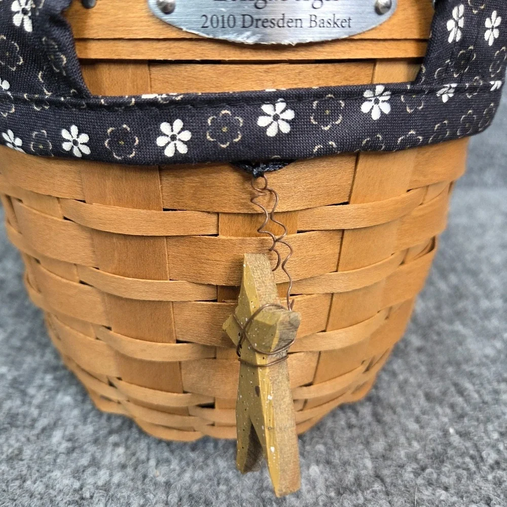 Longaberger 2010 Dresden Basket W/ Black Flower Star Fabric Liner, & Protector